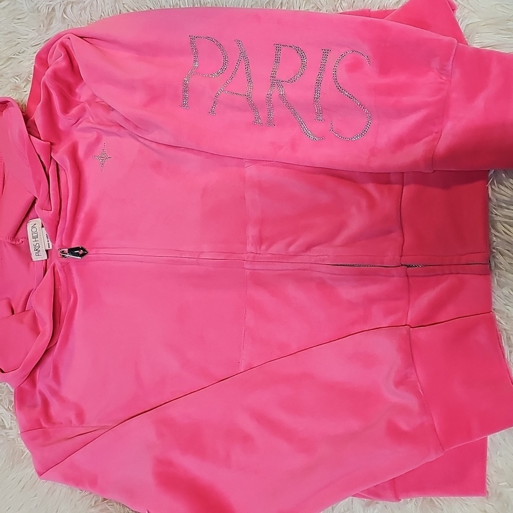 Paris Hilton Velour Vibrant Pink Hoodie With Rhinestone PARIS Jacket